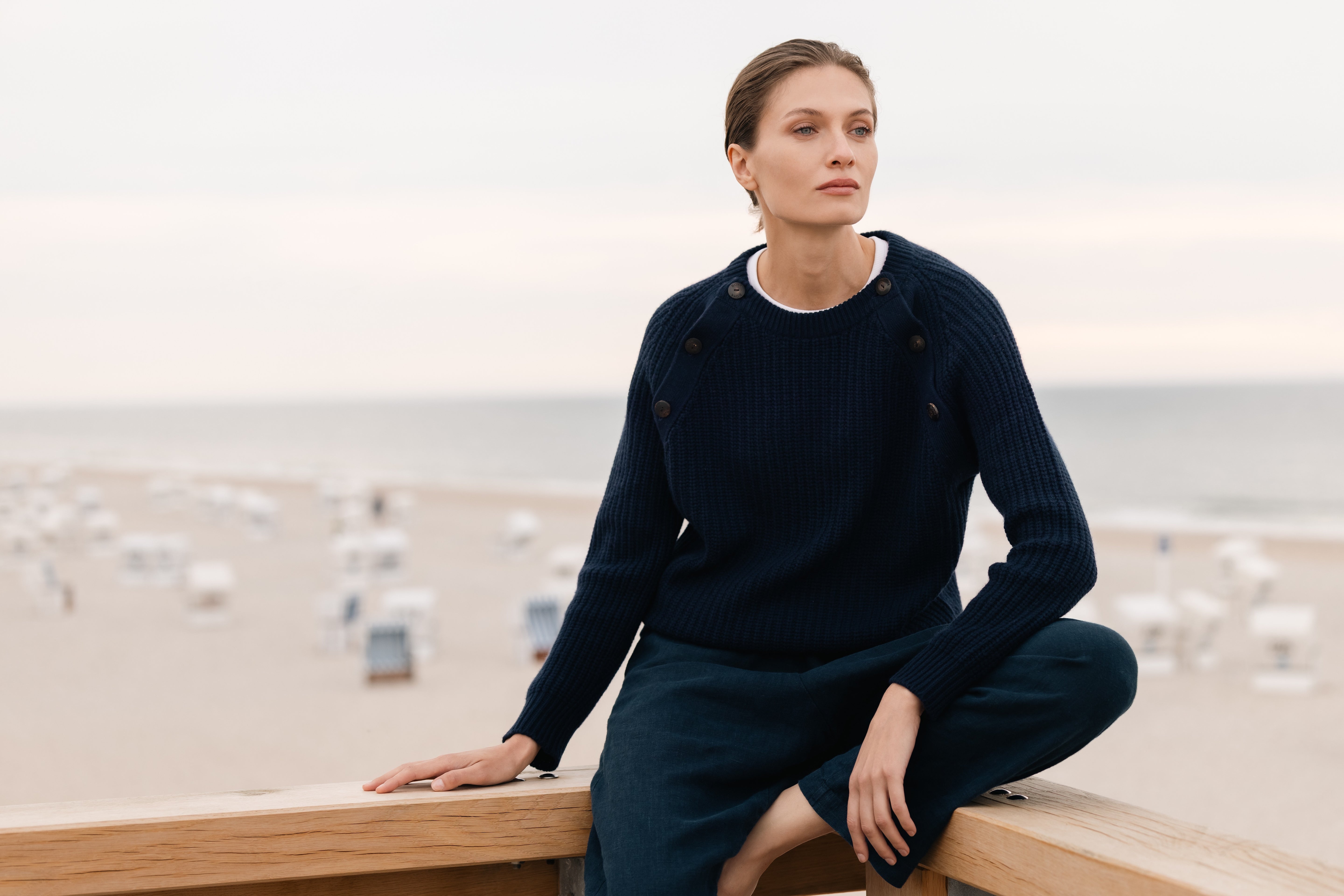 BOYA-MARINA rib button collar sweater