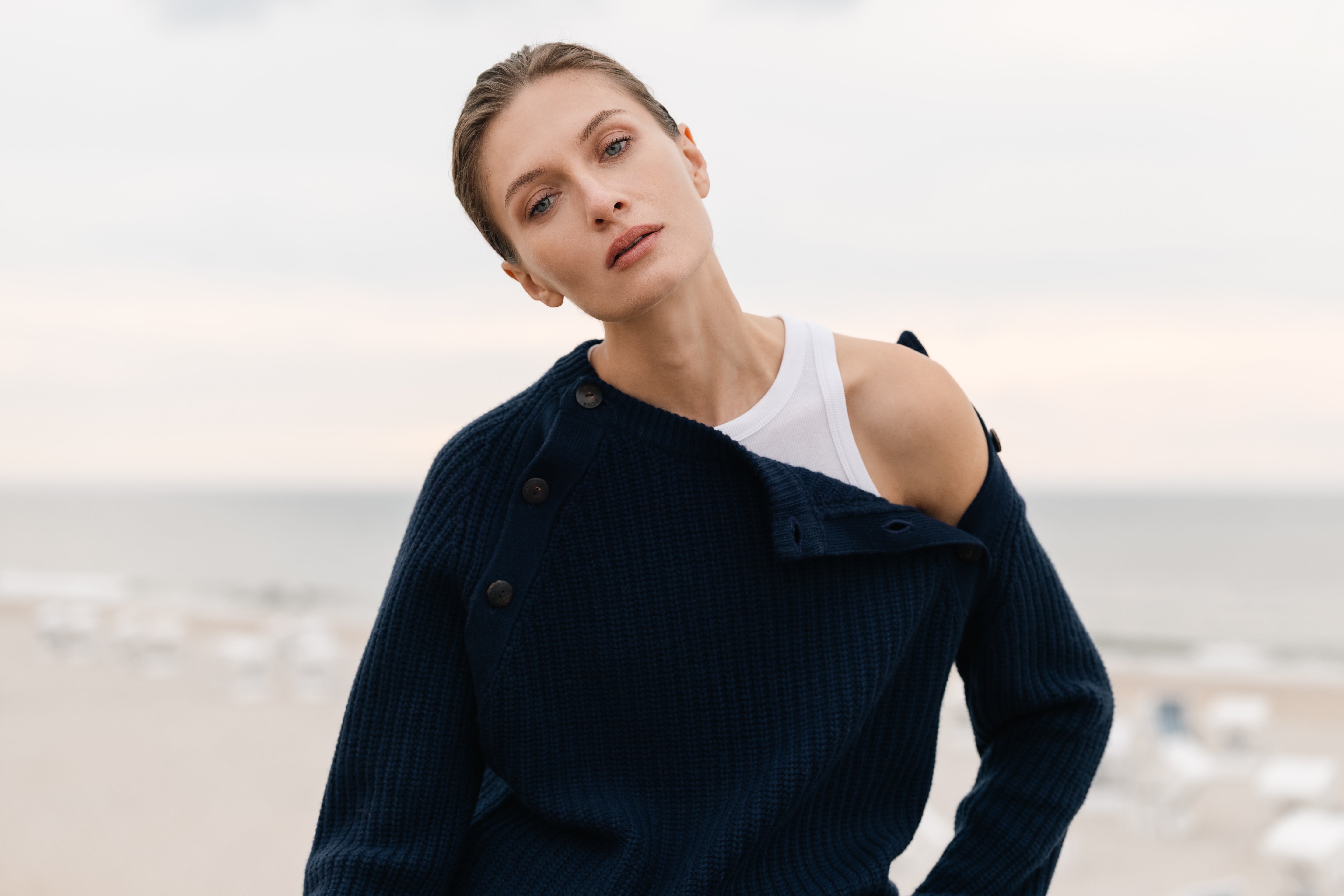 BOYA-MARINA rib button collar sweater
